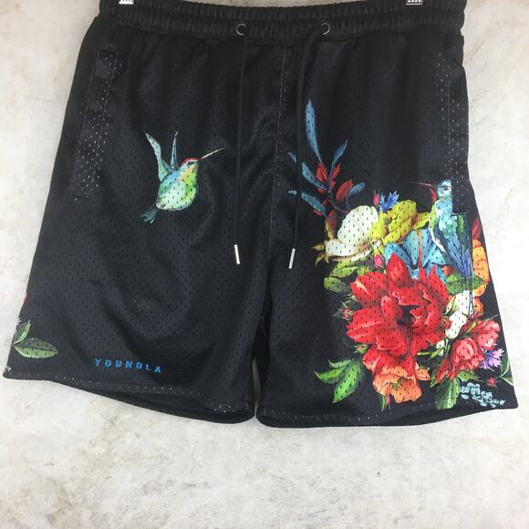 YOUNGLA Black Lined Tatoo Shorts Men's Size Large - Picture 1 of 13